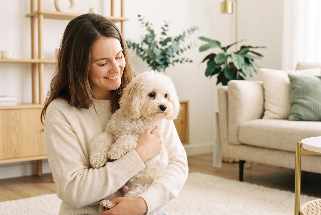 Un petit chien blotti dans les bras de sa maîtresse