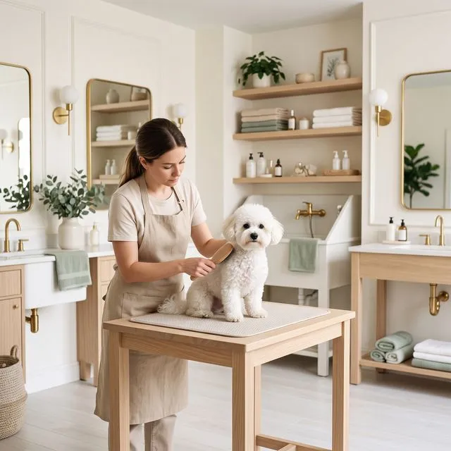 Un toiletteur brosse un bichon blanc sur la table d'un salon de toilettage lumineux
