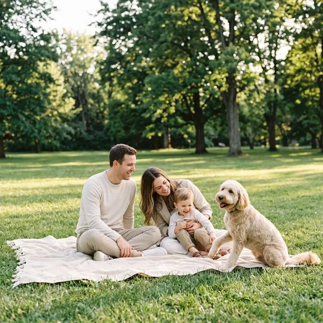 Une famille détendue dans un parc avec son chien bien toiletté
