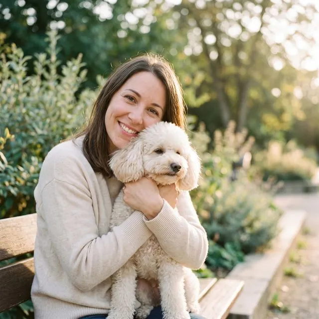 Une femme serre contre elle son chien fraîchement toiletté, dehors au soleil