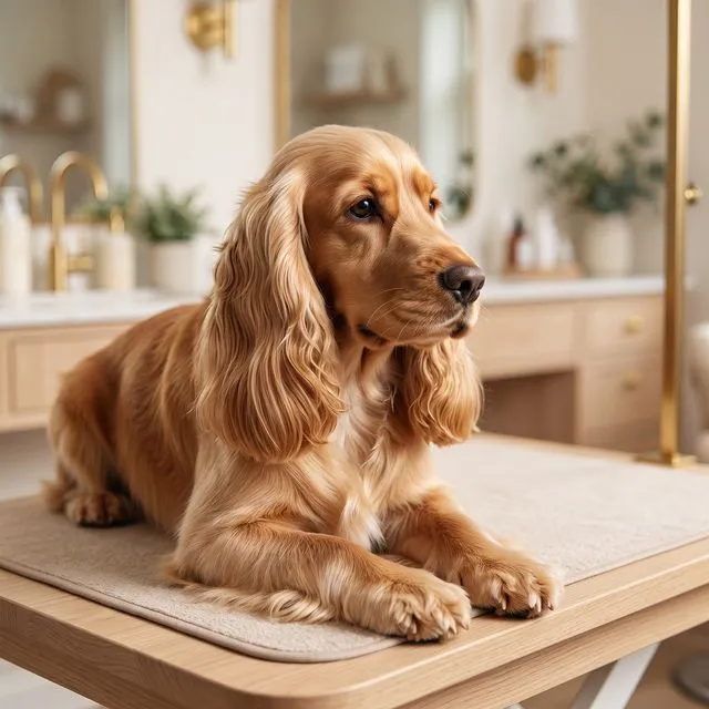 Un cocker aux longues oreilles soyeuses allongé sur une table de toilettage