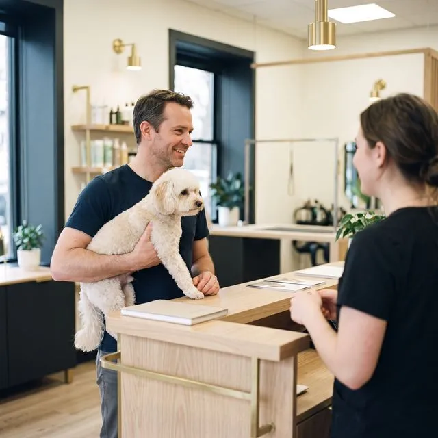 Un maître tient son chien fraîchement toiletté au comptoir d'accueil d'un salon