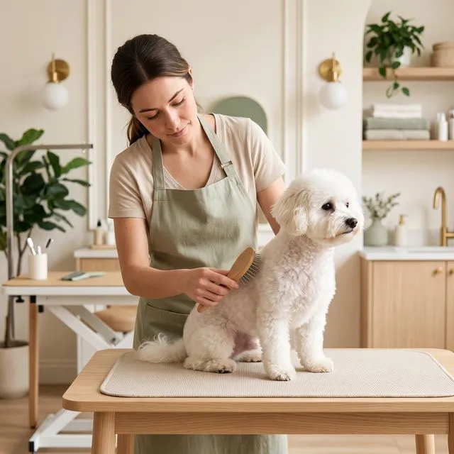 Un toiletteur au travail sur un bichon dans un salon de toilettage
