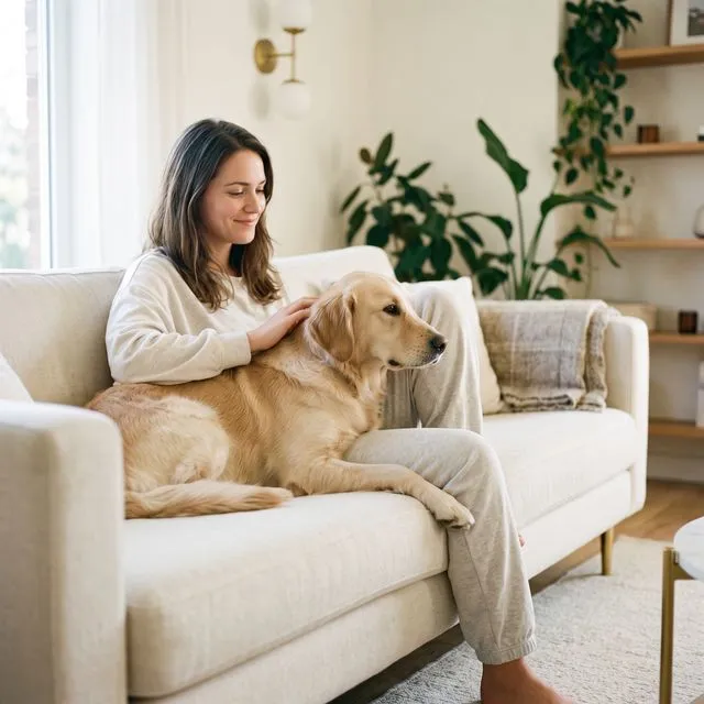 Une personne caresse son chien couché près d'elle sur le canapé, à la maison