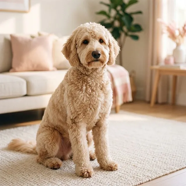 Un goldendoodle au poil bouclé fraîchement coupé, assis dans un intérieur clair