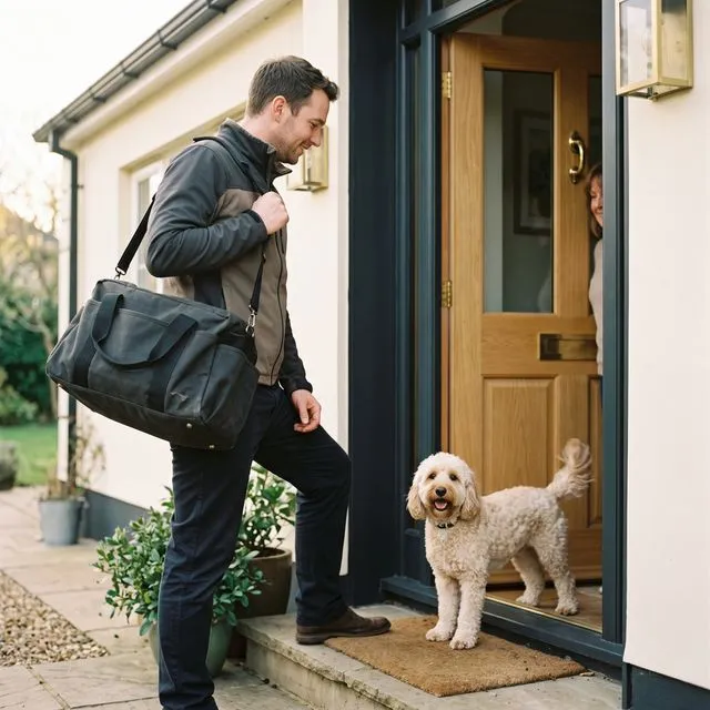 Un toiletteur arrive au domicile d'un client, un chien l'accueille à la porte